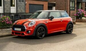 A red mini cooper parked on the side of the road